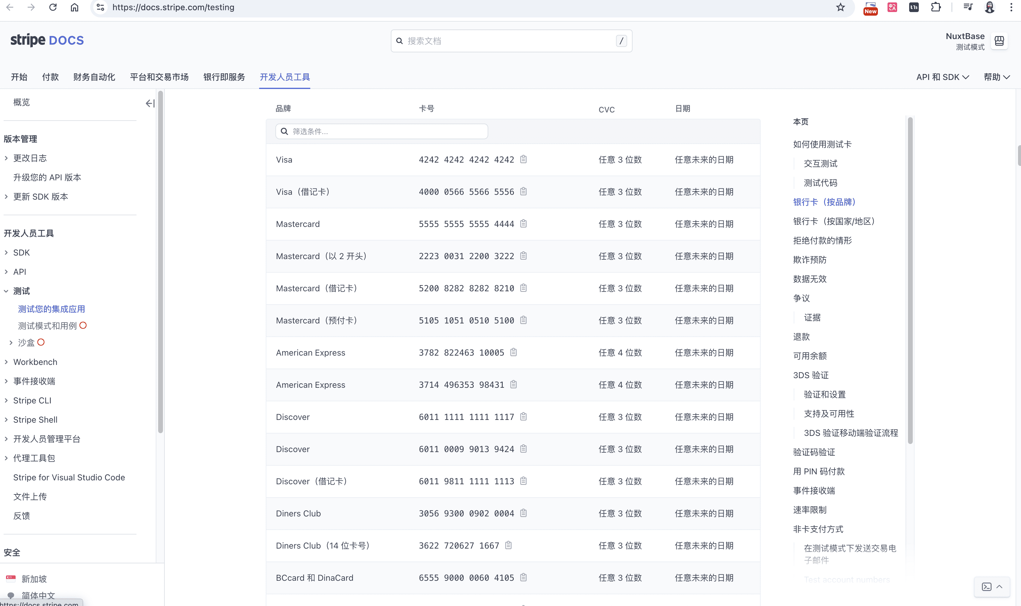 Stripe 测试卡号